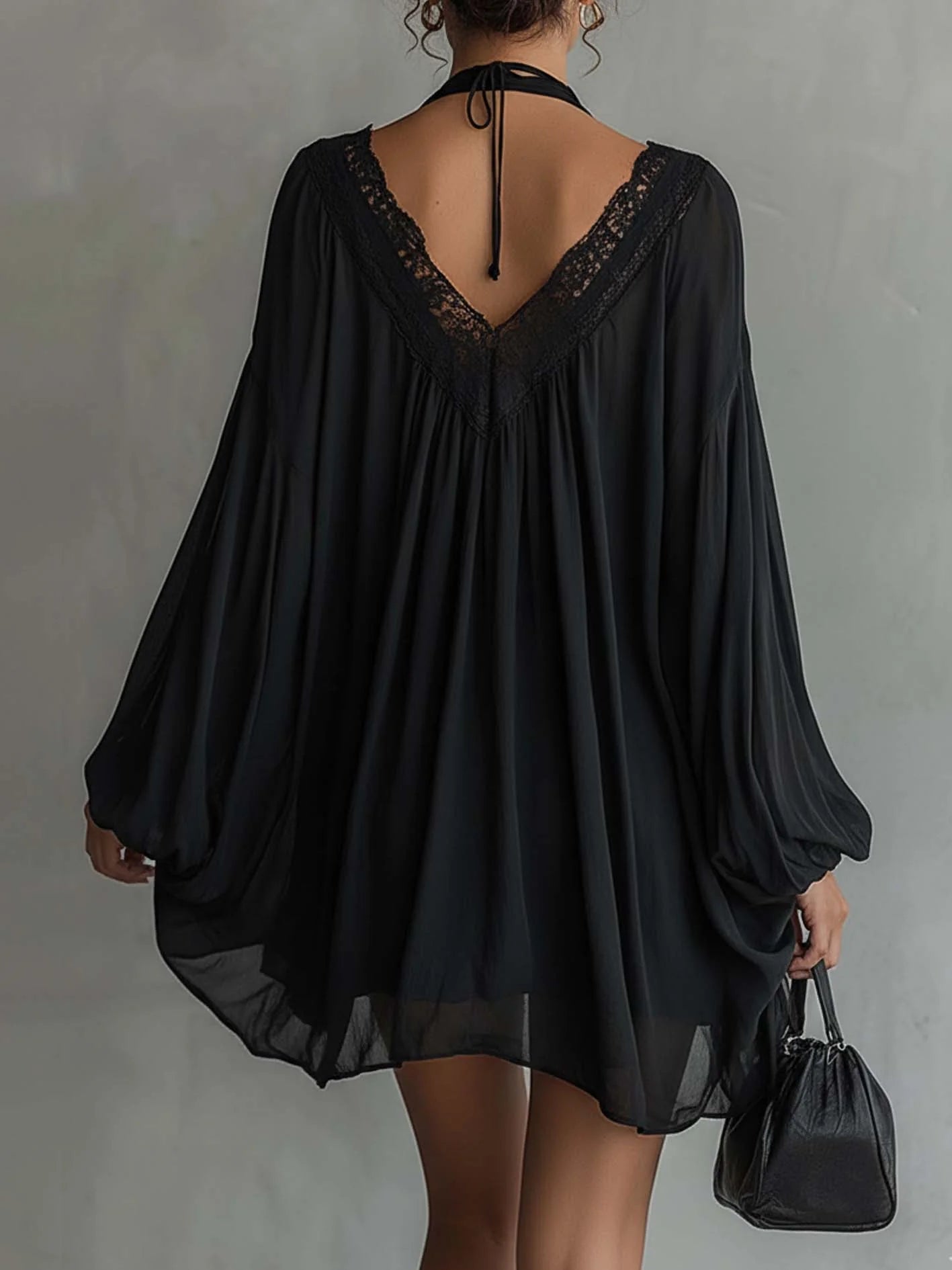 Black Chiffon Mini Dress with Lace Neckline — view 2