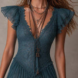 Petrol Blue Mini Dress with Retro Lace and Chiffon Ruffles — view 4