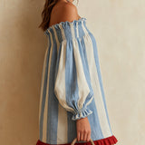 Blue and White Striped Mini Dress with Off-the-Shoulder Neckline — view 4