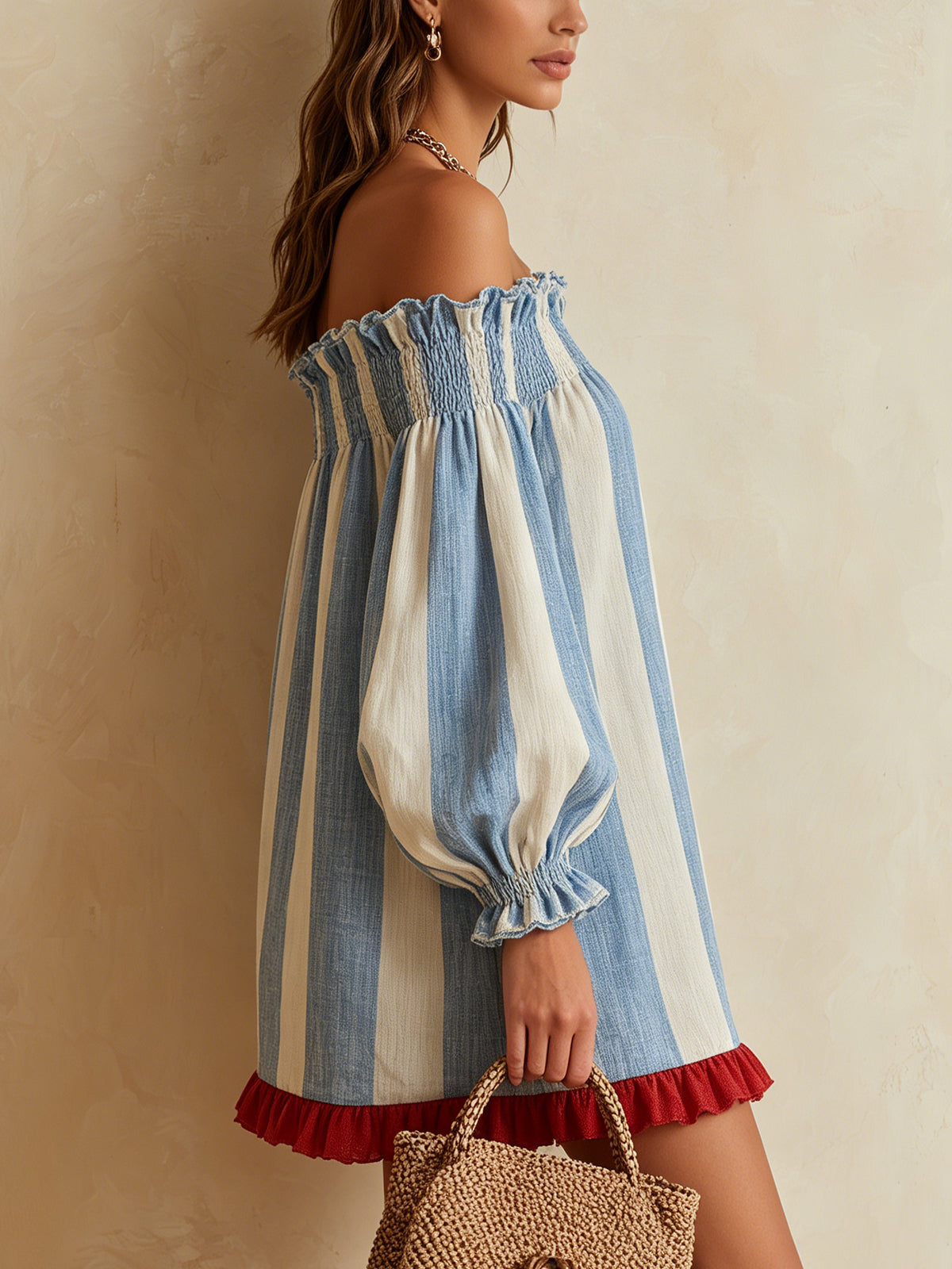 Blue and White Striped Mini Dress with Off-the-Shoulder Neckline — view 4