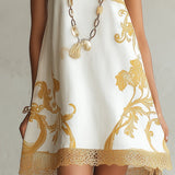 White Mini Dress with Golden Floral Print — view 4