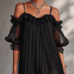 Black Chiffon Mini Dress with Off-the-Shoulder Neckline and Lace — view 4