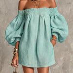 Pink Mini Dress in A-Line with Cut-Out Shoulders and Lantern Sleeves — view 4