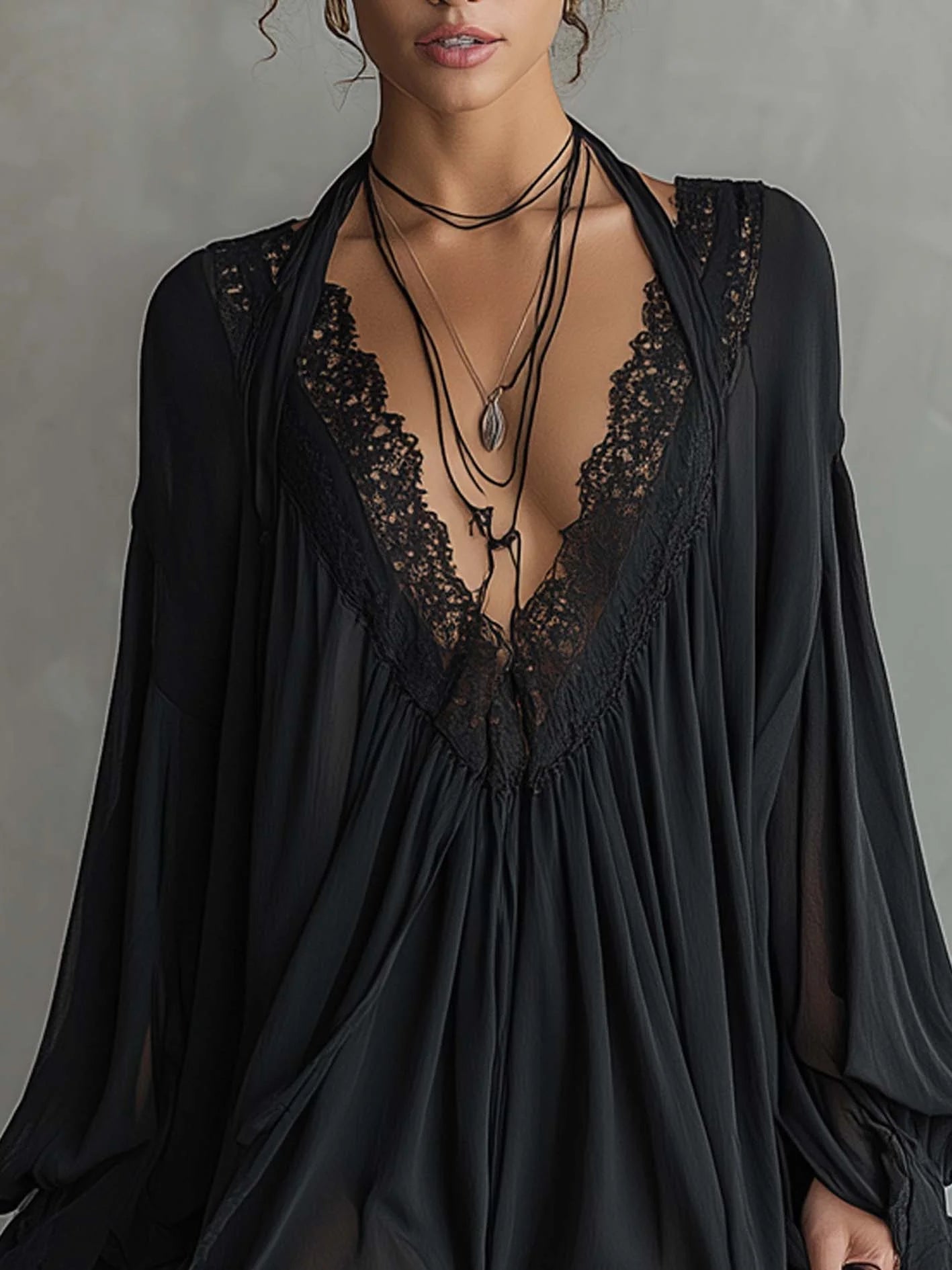 Black Chiffon Mini Dress with Lace Neckline — view 4