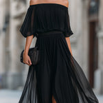 Annetta - Black Off-Shoulder Pleated Chiffon Maxi Dress — view 3
