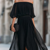 Annetta - Black Off-Shoulder Pleated Chiffon Maxi Dress — view 3