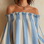 Blue and White Striped Mini Dress with Off-the-Shoulder Neckline — view 5