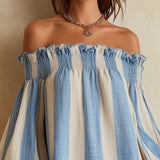 Blue and White Striped Mini Dress with Off-the-Shoulder Neckline — view 5