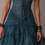 Petrol Blue Mini Dress with Retro Lace and Chiffon Ruffles — view 5