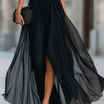 Annetta - Black Off-Shoulder Pleated Chiffon Maxi Dress — view 4