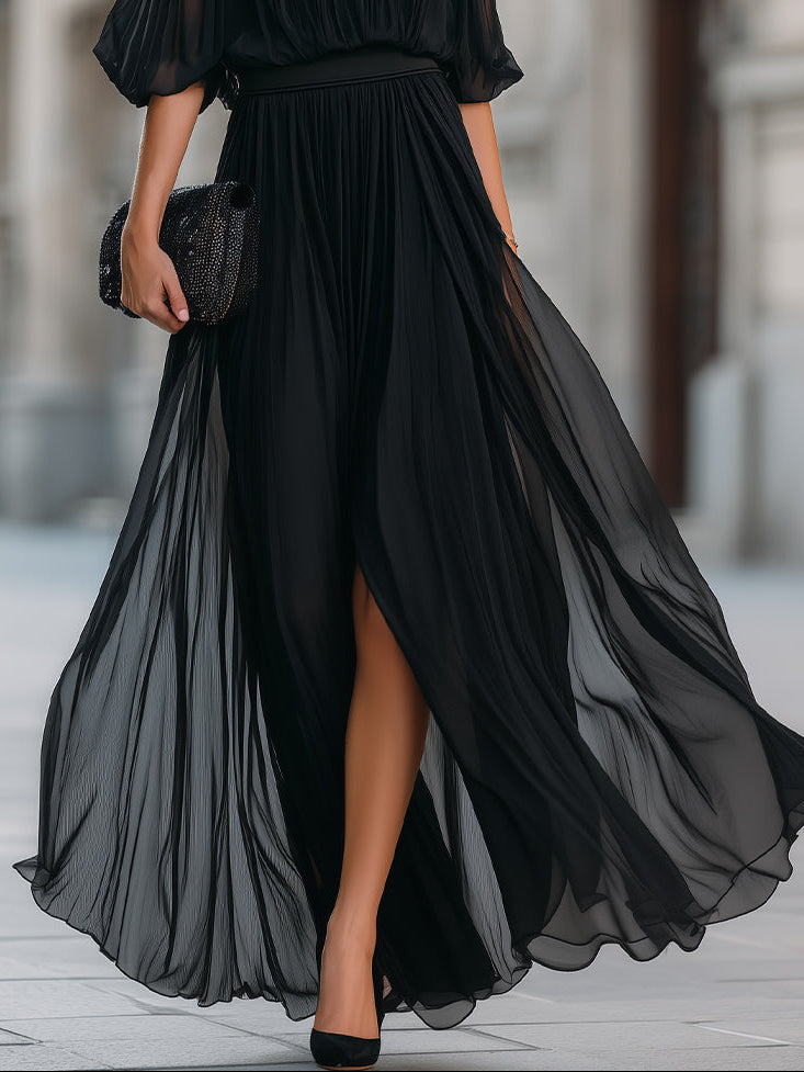 Annetta - Black Off-Shoulder Pleated Chiffon Maxi Dress — view 4