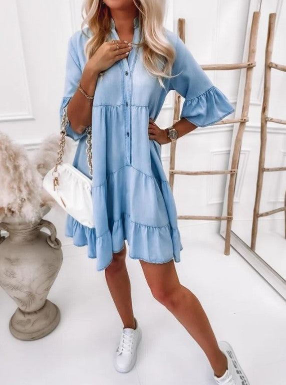Washed Denim Midi Dress with Short Sleeves — view 5