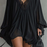 Black Chiffon Mini Dress with Lace Neckline — view 3