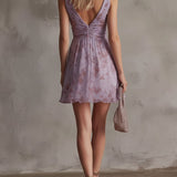 Chiffon Mini Dress with Retro Floral Print in Purple