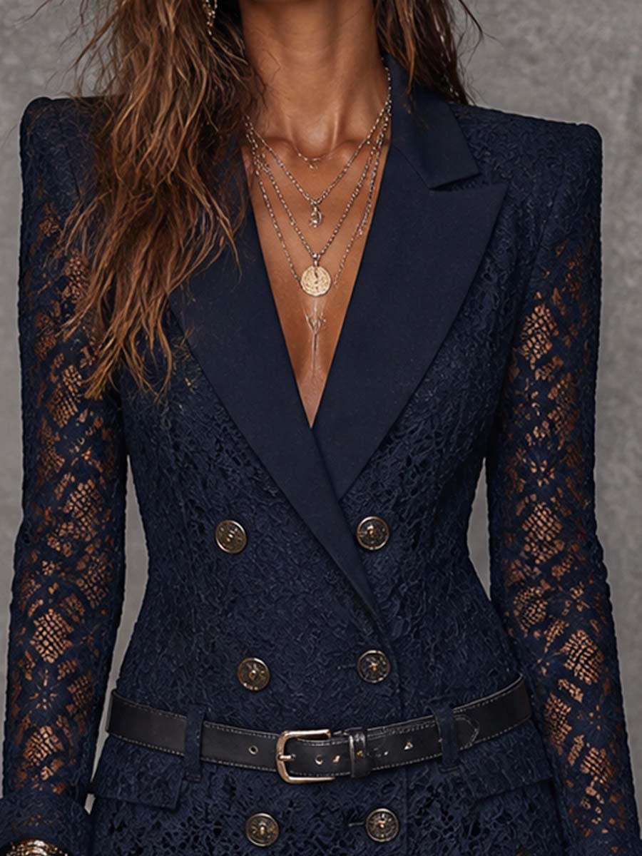 Navy Lace Mini Dress, Blazer Style, with Belt — view 5