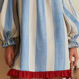Blue and White Striped Mini Dress with Off-the-Shoulder Neckline — view 6