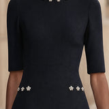 Navy Blue A-Line Mini Dress with Floral Details