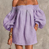 Pink Mini Dress in A-Line with Cut-Out Shoulders and Lantern Sleeves — view 6