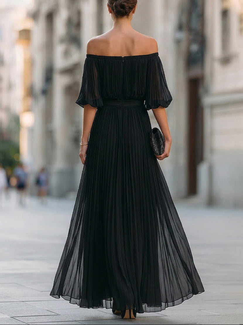 Annetta - Black Off-Shoulder Pleated Chiffon Maxi Dress — view 2