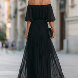 Annetta - Black Off-Shoulder Pleated Chiffon Maxi Dress — view 2