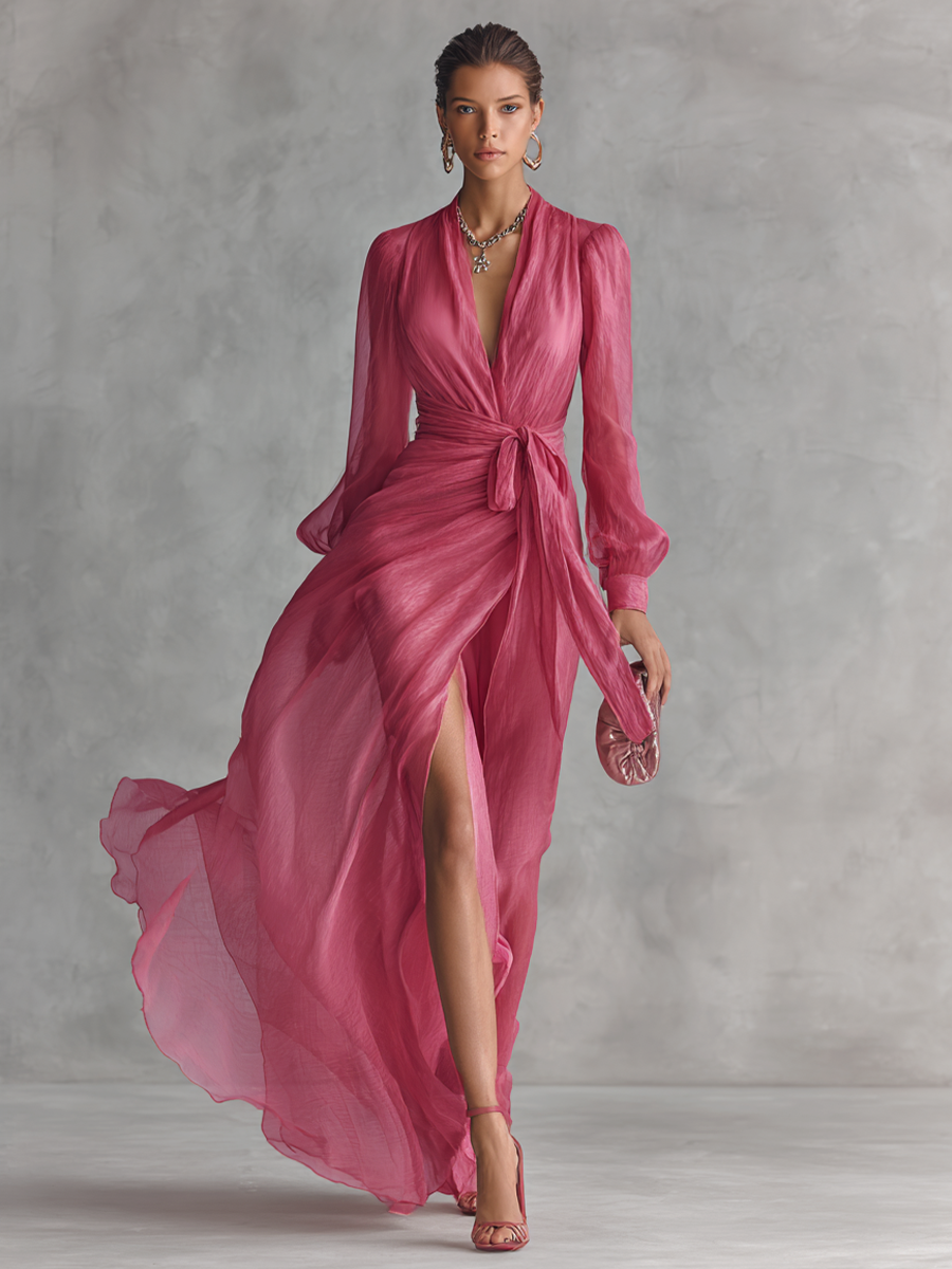 Rose Chiffon Dress with V-Neck — view 2