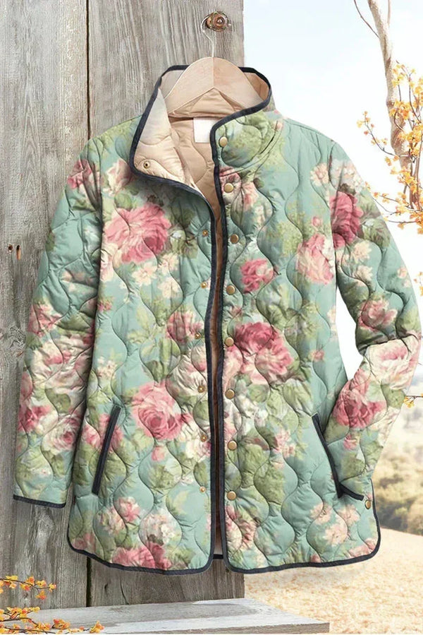Gemma™ | Quilted Jacket with Large Roses in Sage
