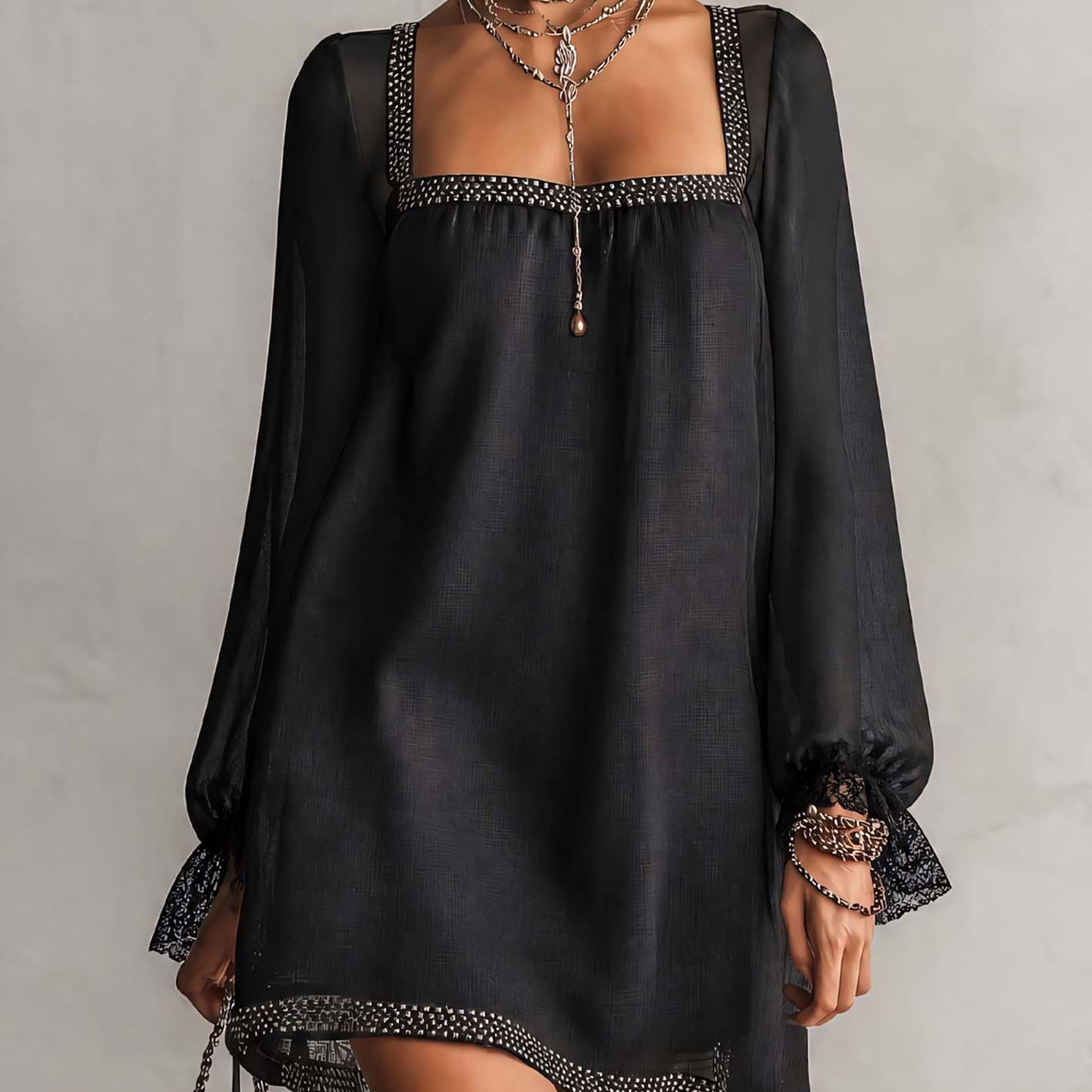Mini Black Dress with Square Neck and Rhinestones