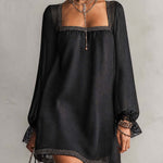 Mini Black Dress with Square Neck and Rhinestones