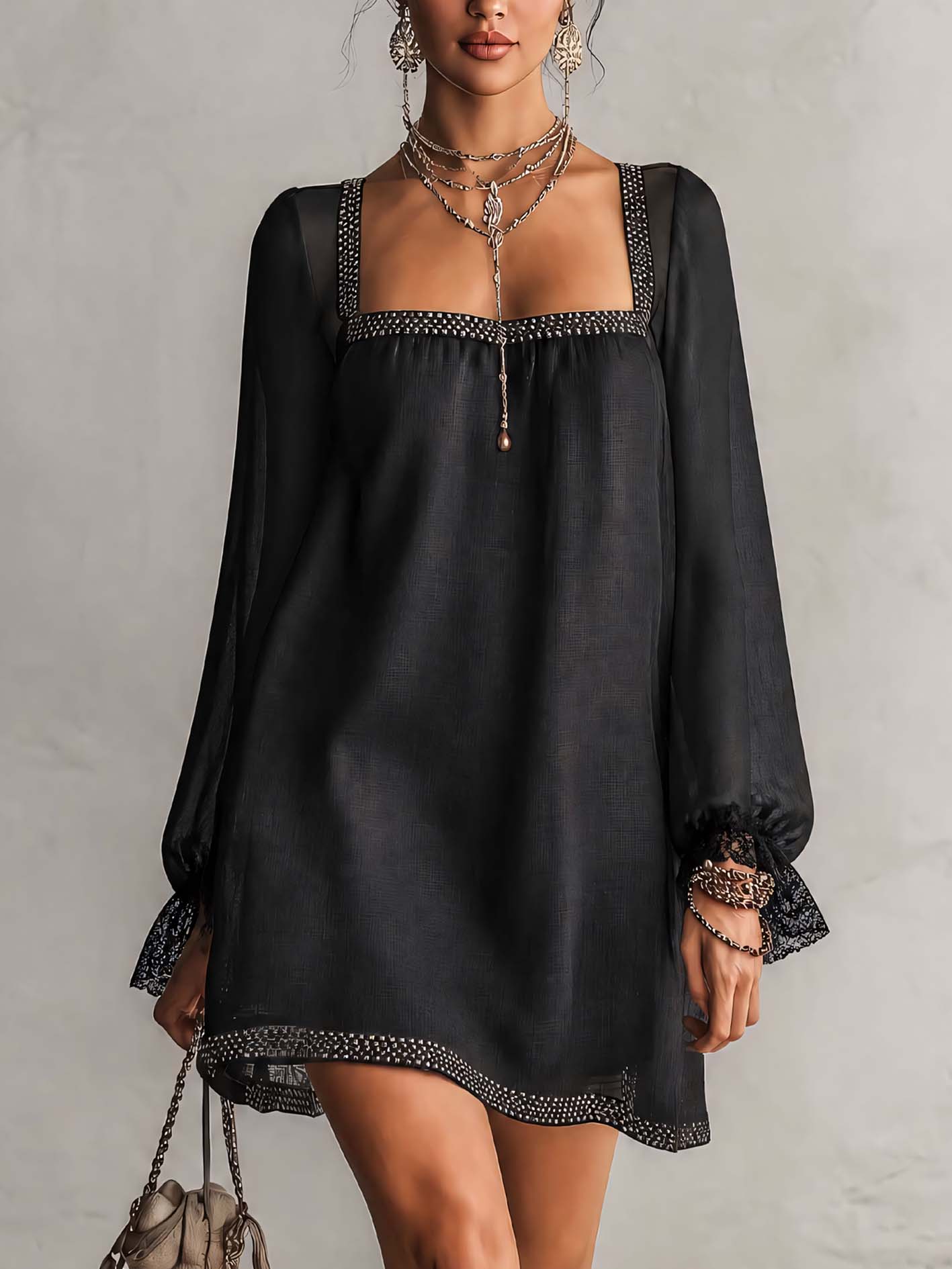 Mini Black Dress with Square Neck and Rhinestones