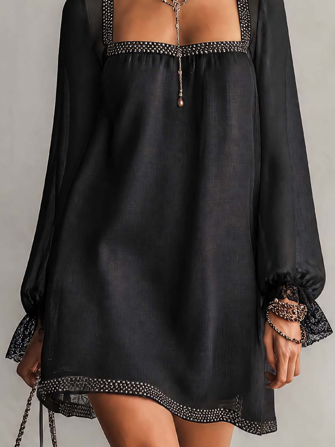 Mini Black Dress with Square Neck and Rhinestones — view 4