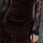 Chocolate Brown Pleated Velvet Mini Dress with Lace — view 3