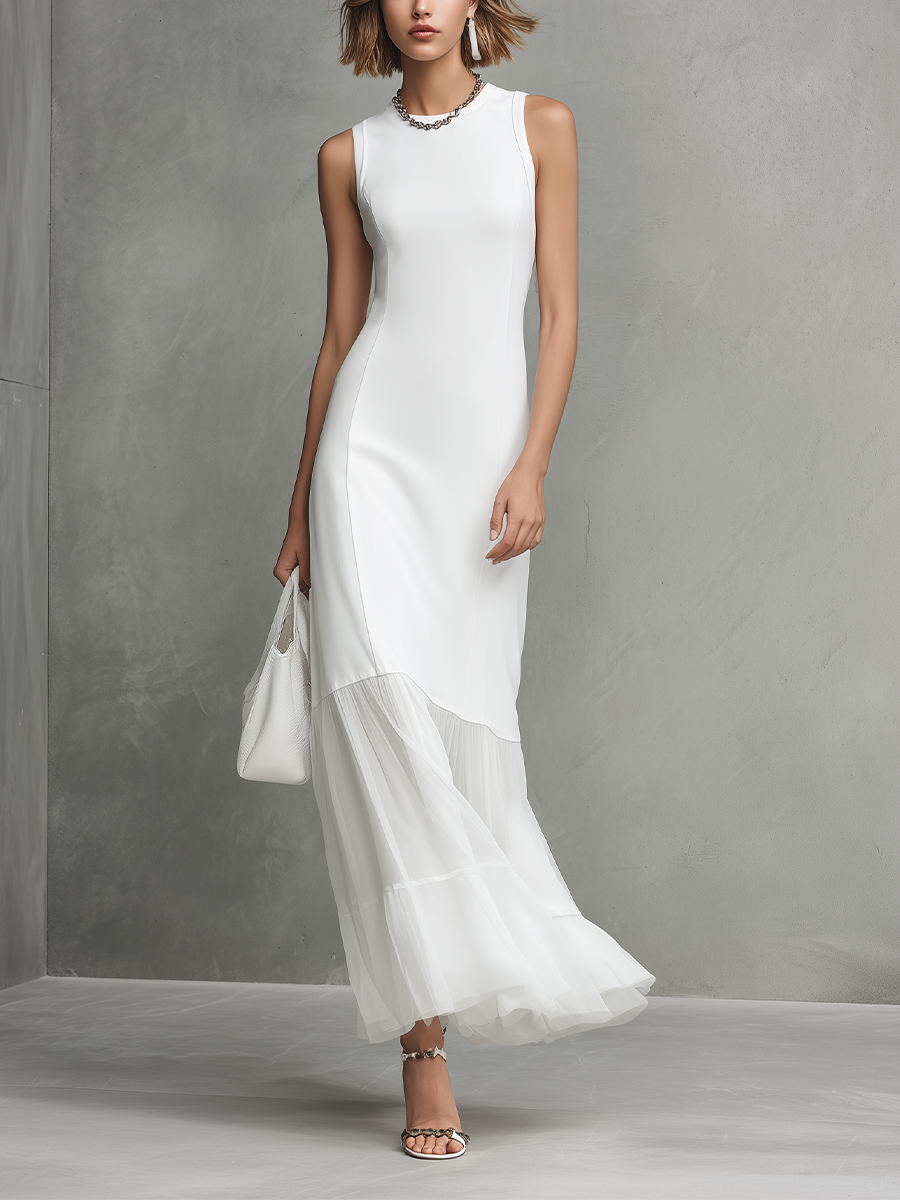 Elegant White Sleeveless Dress for Women with Milk Silk and Chiffon Panels — view 2