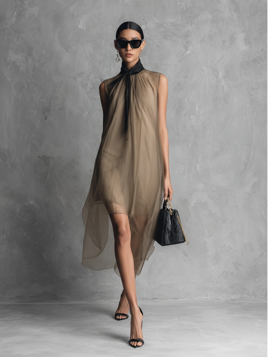 Beatrice - Lightweight Luxury Two-Tone Khaki and Brown Chiffon Sleeveless Dress — view 2