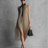 Beatrice - Lightweight Luxury Two-Tone Khaki and Brown Chiffon Sleeveless Dress — view 2