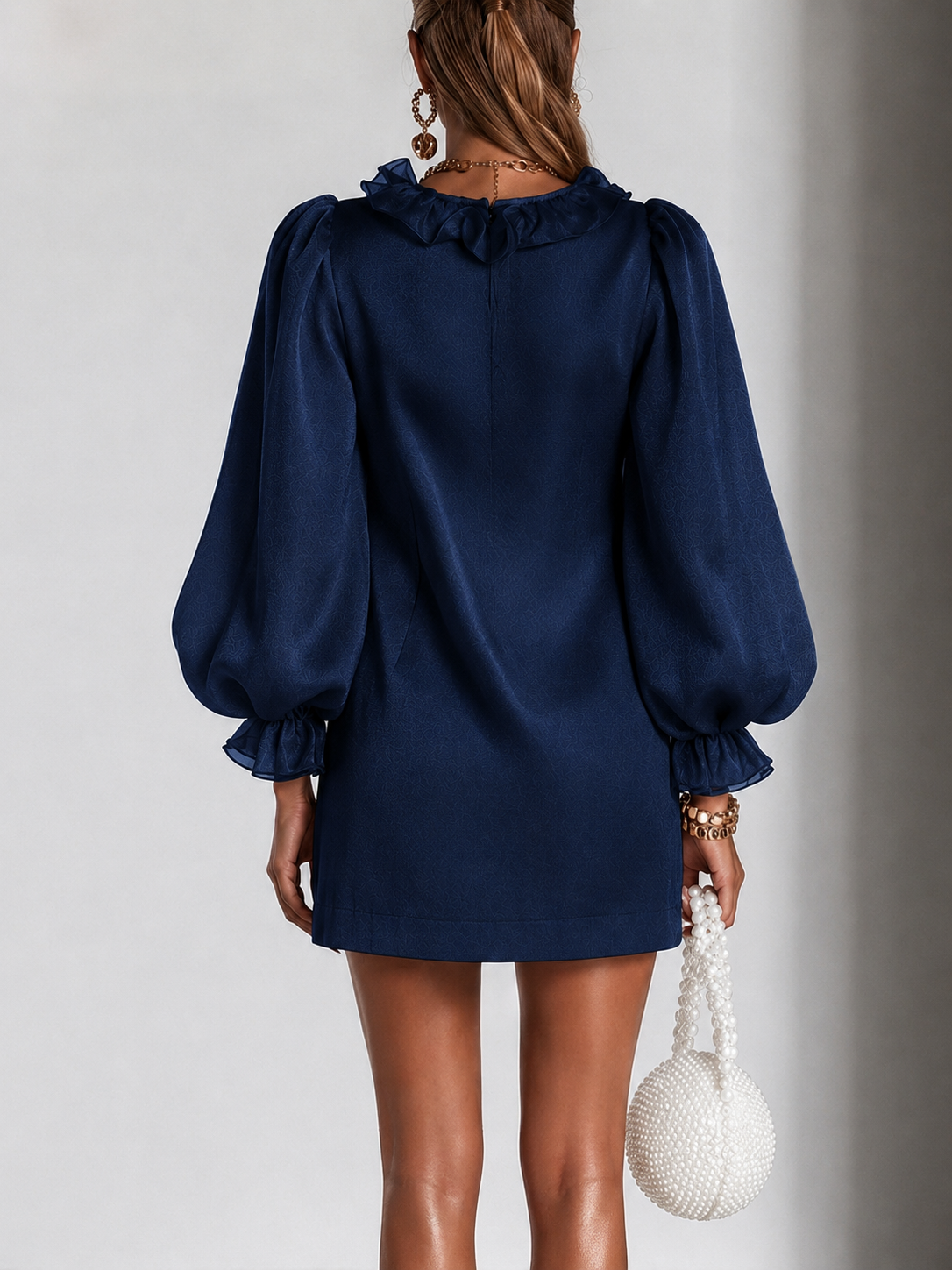 Mini Dress with Puff Sleeves and Vertical Ruffle — view 7