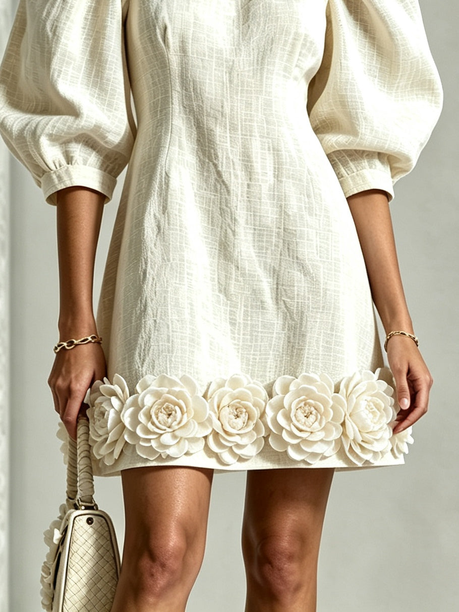 White Mini Dress with Puff Sleeves and 3D Flowers — view 4