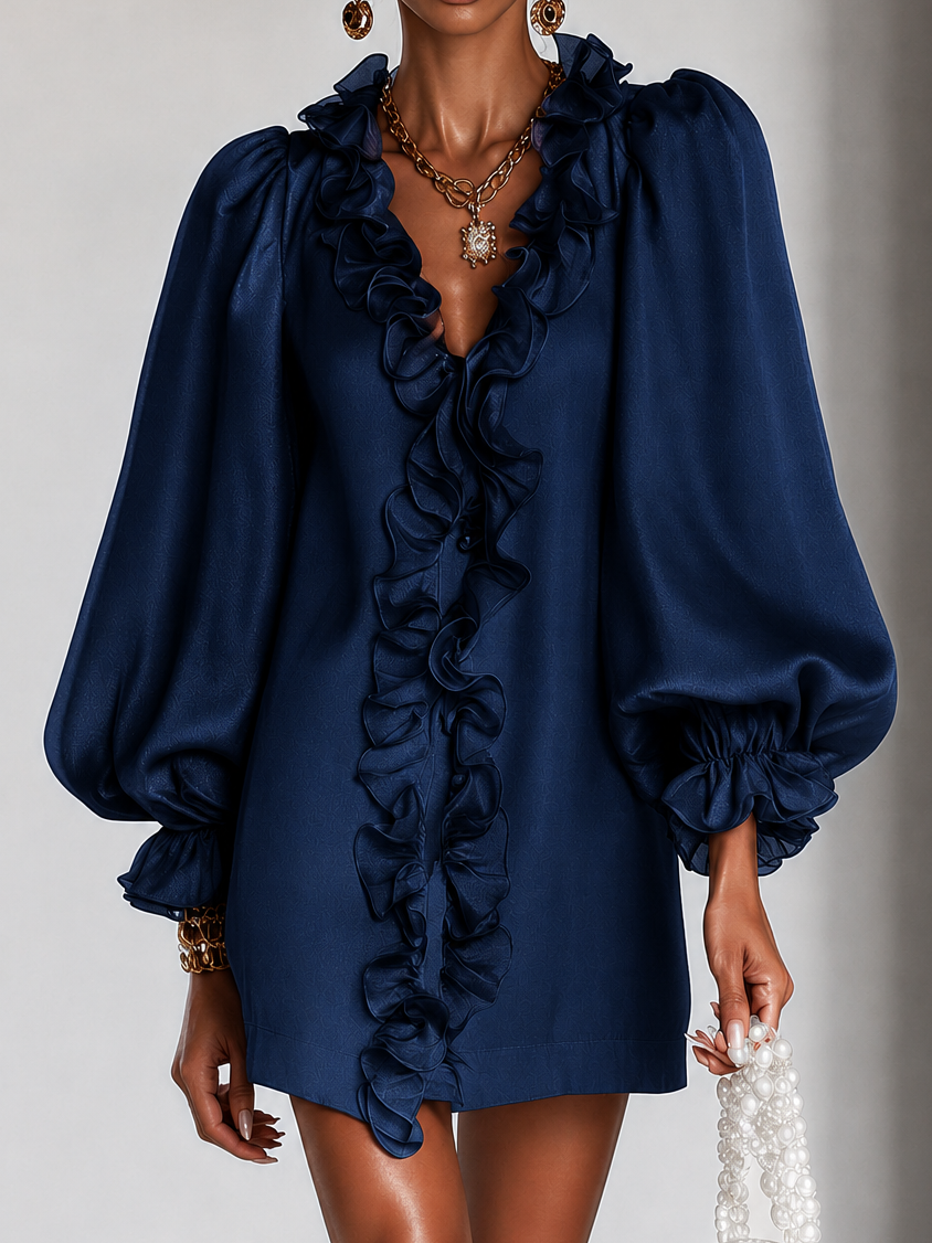 Mini Dress with Puff Sleeves and Vertical Ruffle — view 6
