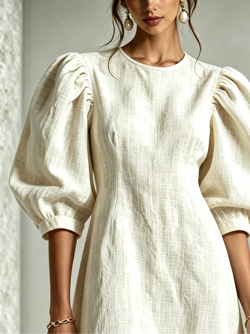 White Mini Dress with Puff Sleeves and 3D Flowers — view 3