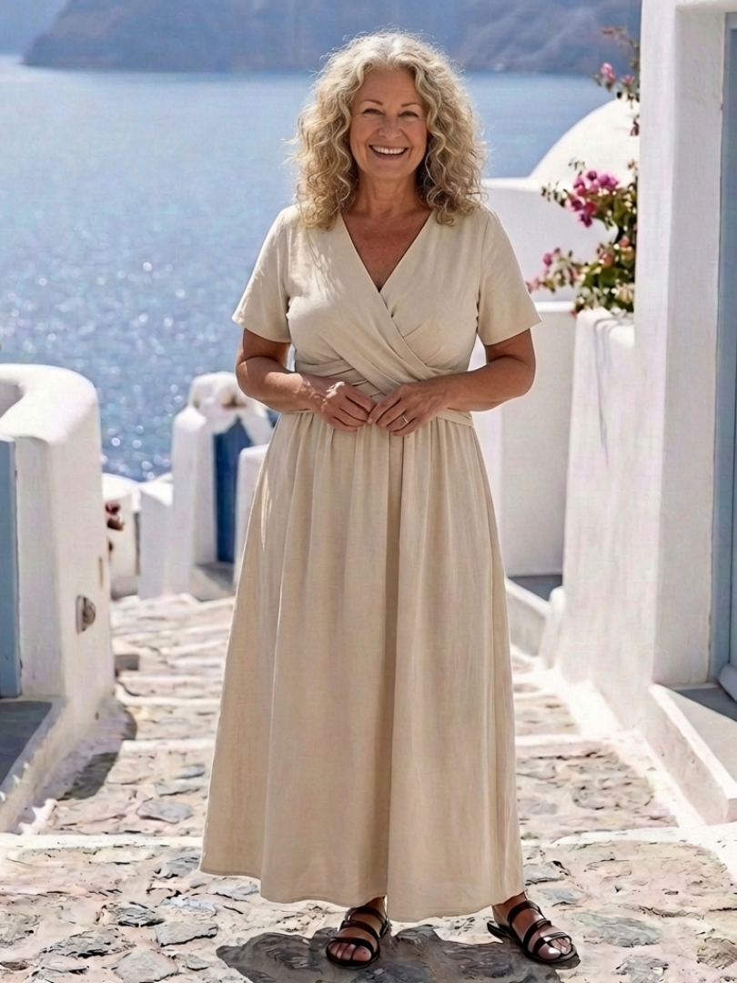 Sage | V Neck Short Sleeve Wrap Waist Midi Dress — view 2