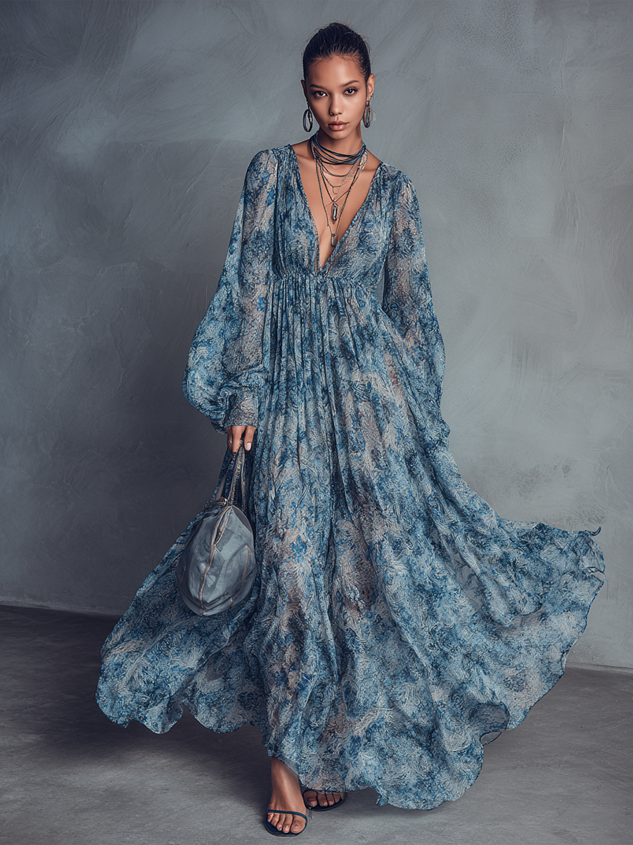 Grace - Bohemian Style Blue Floral Print Chiffon Maxi Dress — view 2