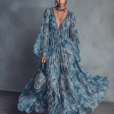 Grace - Bohemian Style Blue Floral Print Chiffon Maxi Dress — view 2