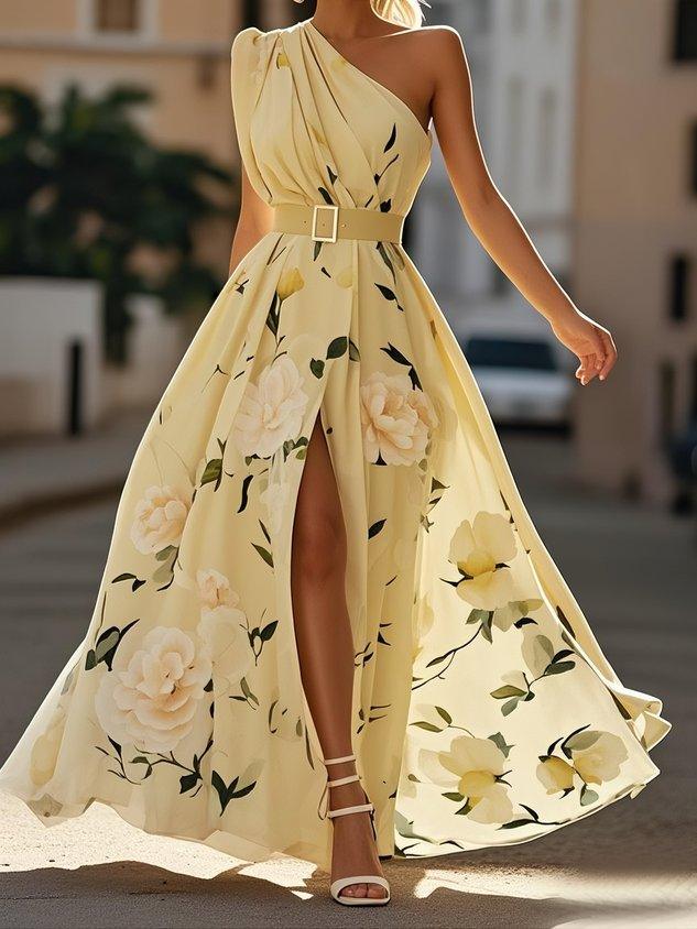 Sella - Ruched One Shoulder A-Line Maxi Chiffon Dress — view 4