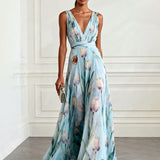 Nikau - Elegant Tulip Print V-neck Maxi Dress — view 3