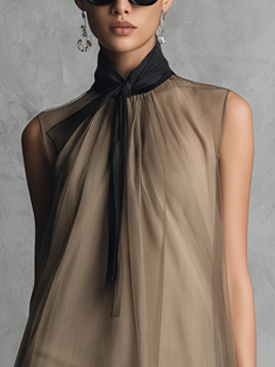 Beatrice - Lightweight Luxury Two-Tone Khaki and Brown Chiffon Sleeveless Dress — view 3