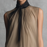 Beatrice - Lightweight Luxury Two-Tone Khaki and Brown Chiffon Sleeveless Dress — view 3