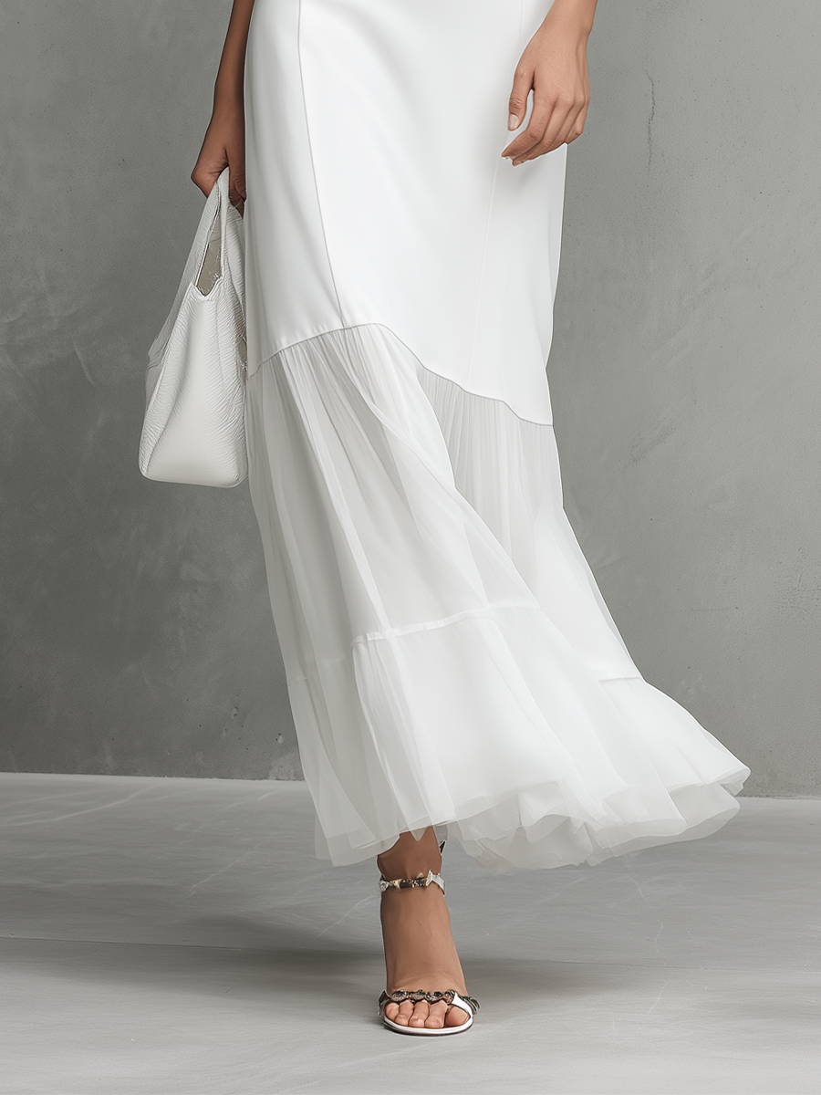 Elegant White Sleeveless Dress for Women with Milk Silk and Chiffon Panels — view 4