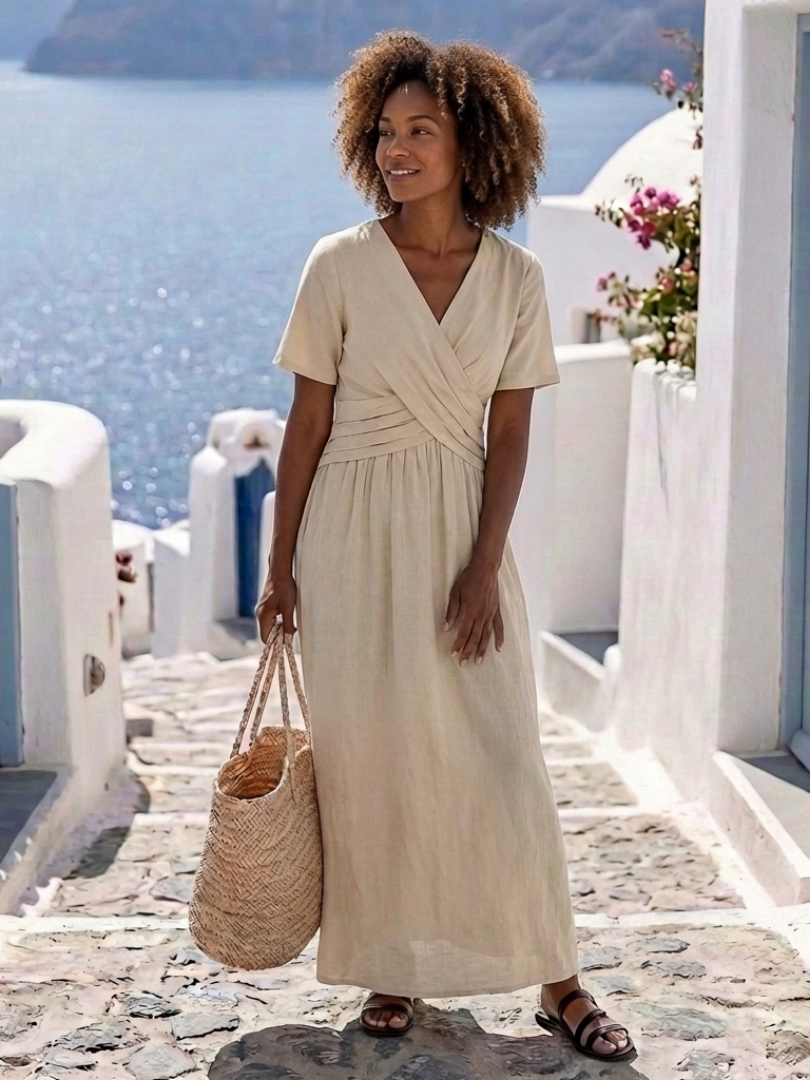 Sage | V Neck Short Sleeve Wrap Waist Midi Dress — view 3