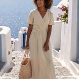 Sage | V Neck Short Sleeve Wrap Waist Midi Dress — view 3