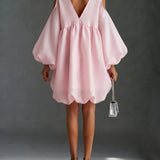 Light Pink Chiffon Mini Dress with Puffed Sleeves