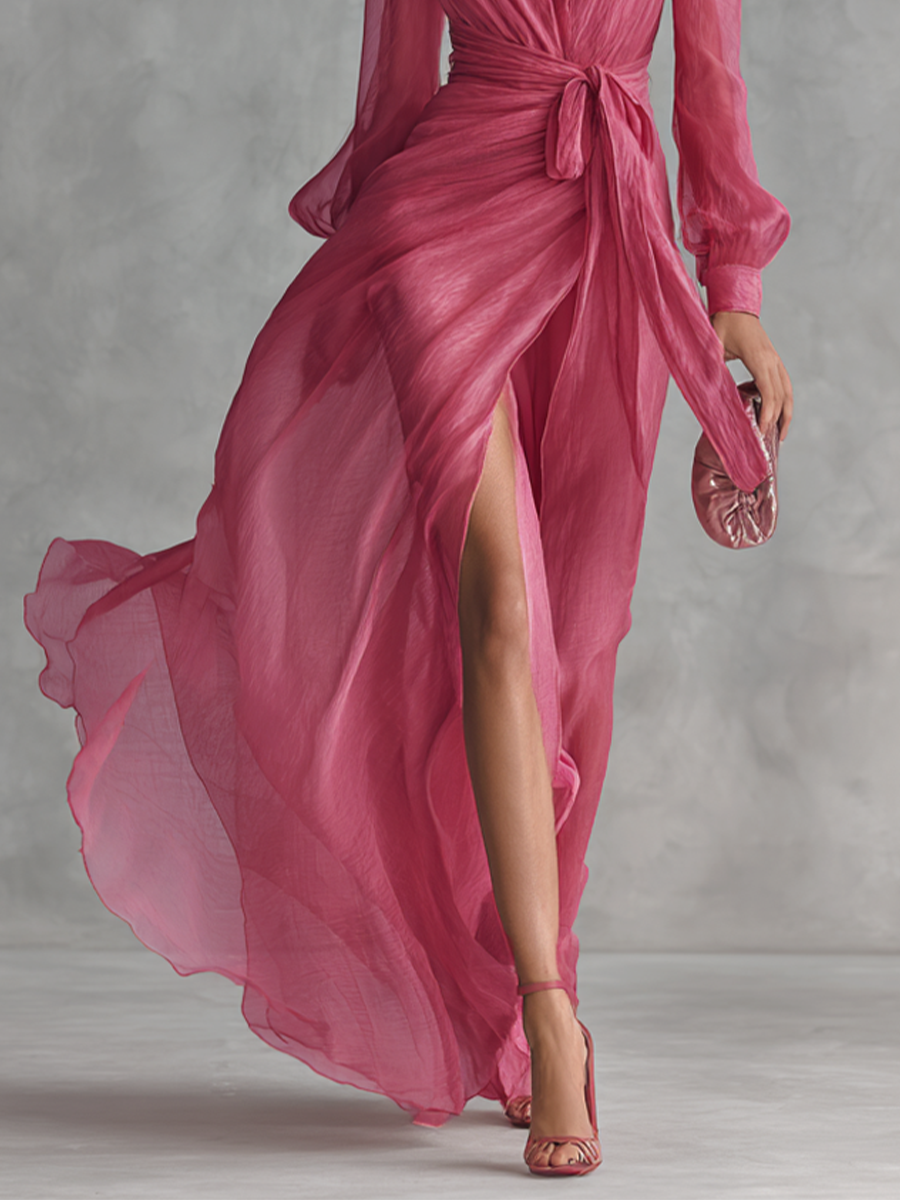 Rose Chiffon Dress with V-Neck — view 4